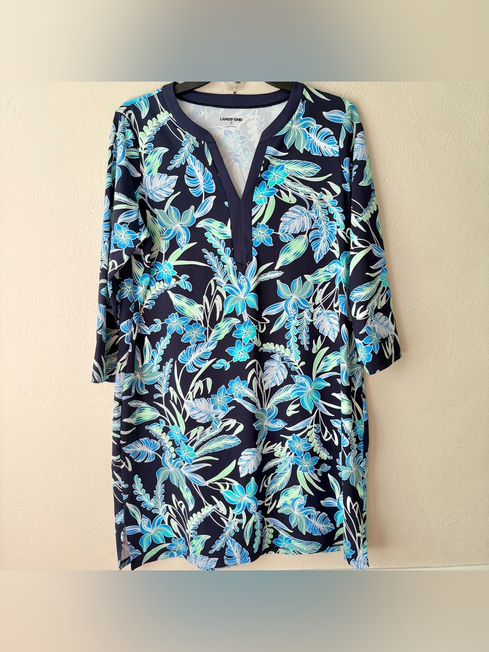 Lands End Navy Tropical Leaf Print 3/4 Sleeve Tunic Dress